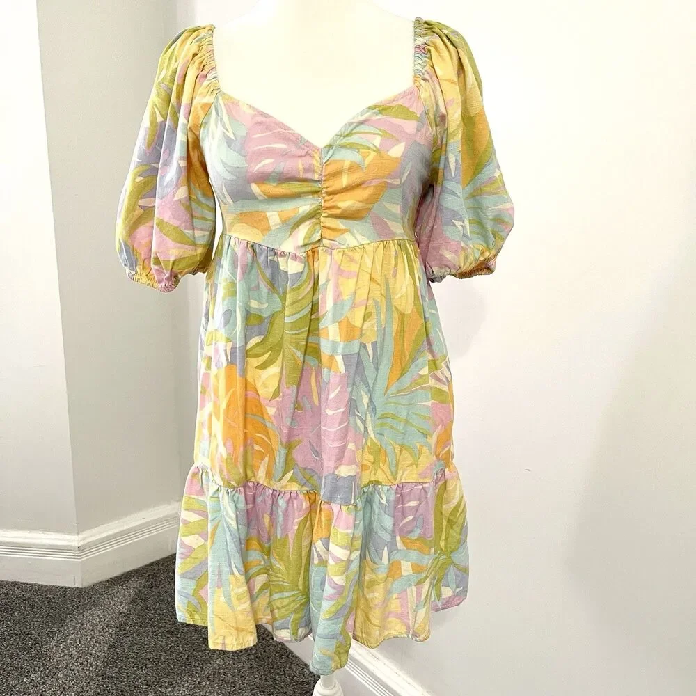Billabong Be Mine Mini Dress Womens Medium Cotton Viscose Pastel Puff Sleeve - Picture 2 of 14
